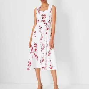 ANN TAYLOR Floral Button Flare Dress In White Size 8